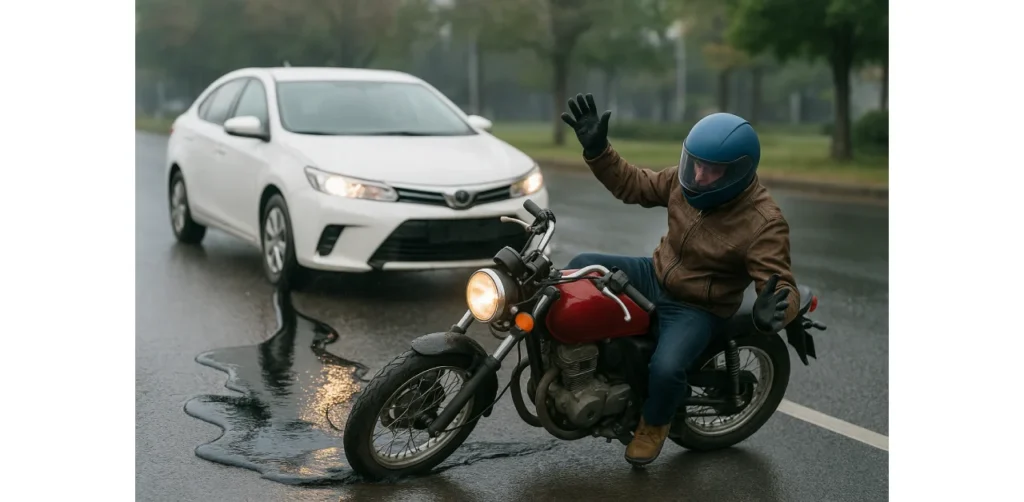 Motorcyclist slip damage to oil spill