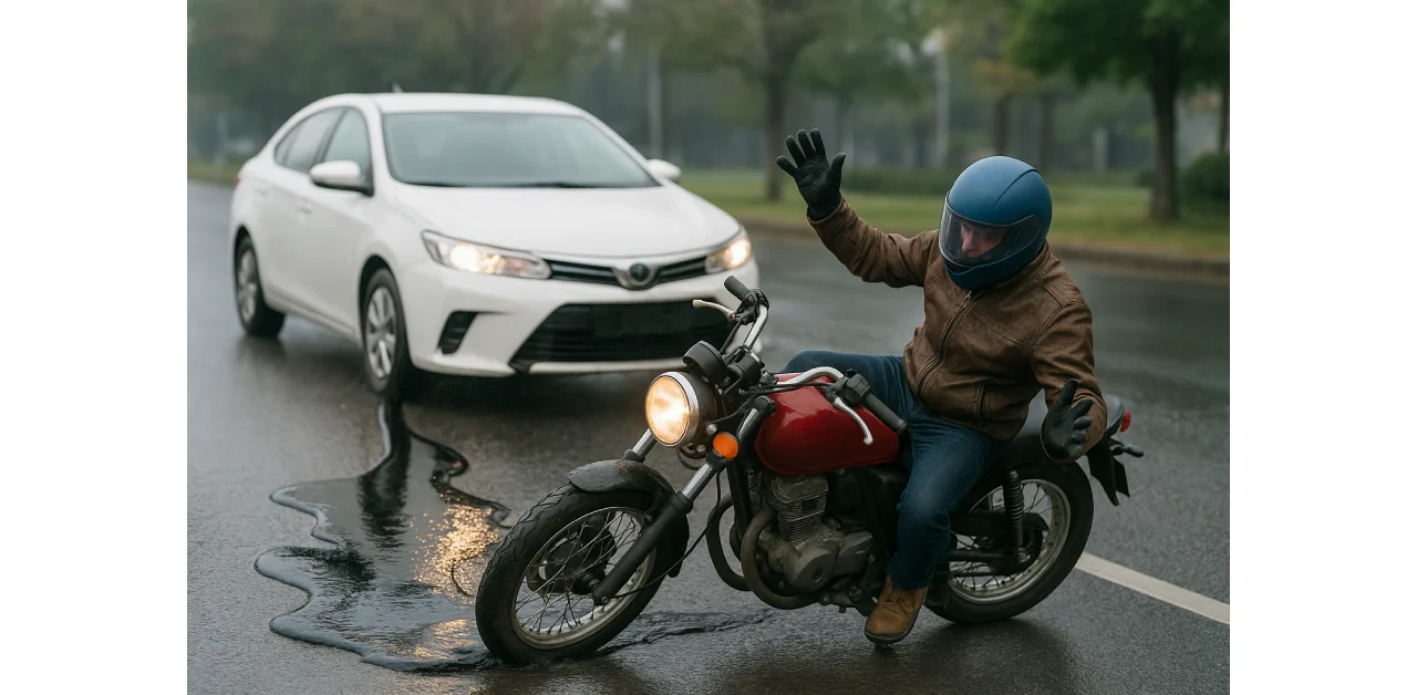 Motorcyclist slip damage to oil spill