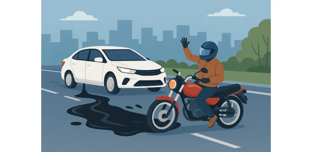 Who is responsible for damage caused by a motorcyclist slipping due to oil spills